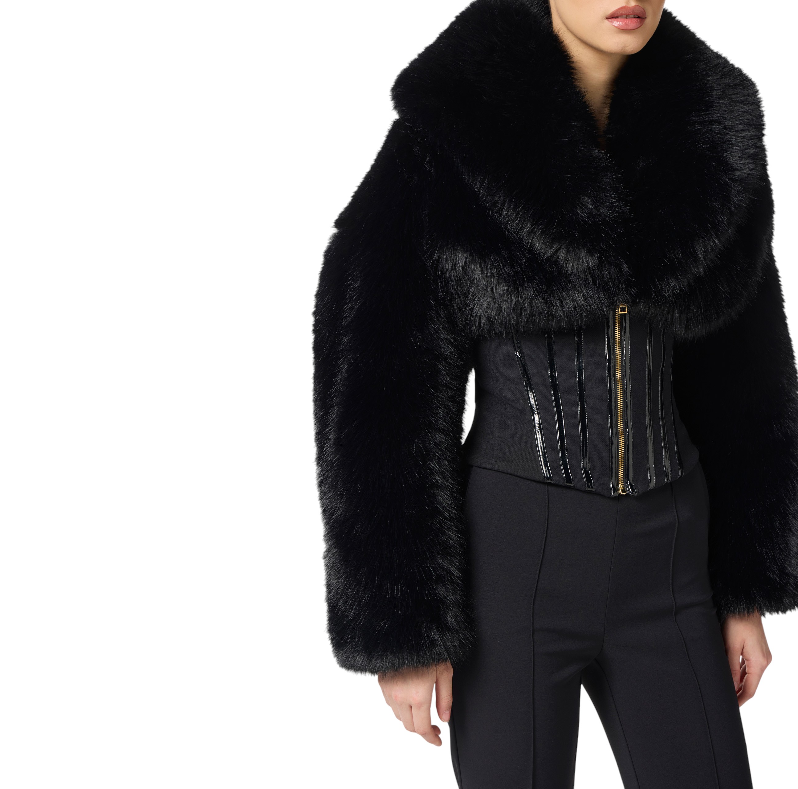 ジャケット・アウター ELISABETTA FRANCHI Fur-effect jacket with double crêpe - ELISABETTA FRANCHI
